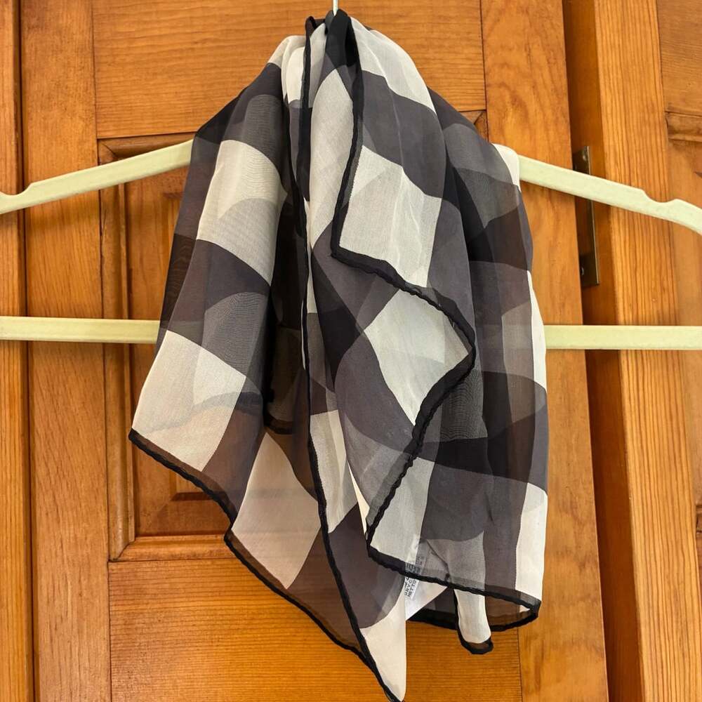 Talbots 100 % Silk Scarf Black White Check Plaid Sheer 21x21  Made in Italy